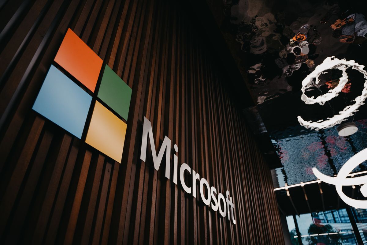 Microsoft office interior with logo on wooden wall