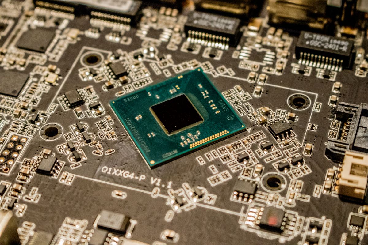 Close-up of a microchip on a printed circuit board